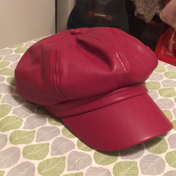 Accessories - Maroon Leather Newsboy Cap